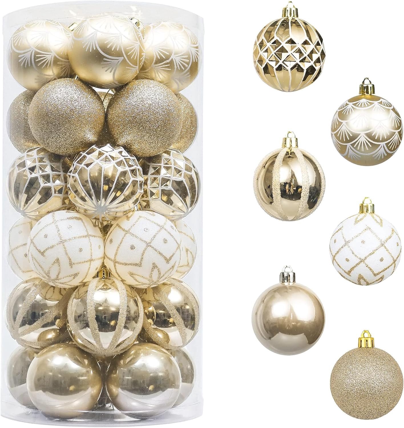 30 Stuks 5 cm Kerstballen voor Kerstboomdecoratie - Schokbestendige Plastic Versiering met Hanger voor Feestdagen in Elegant Wit en Goud