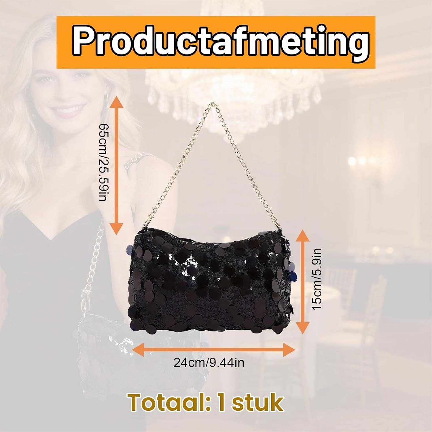 Elegante Zwarte Pailletten Clutch 24x15x4 cm, Glitter Avondtas met Rits en Fijne Voering, Perfect voor Diner, Bruiloft en Feestjes als Handtas of Schoudertas