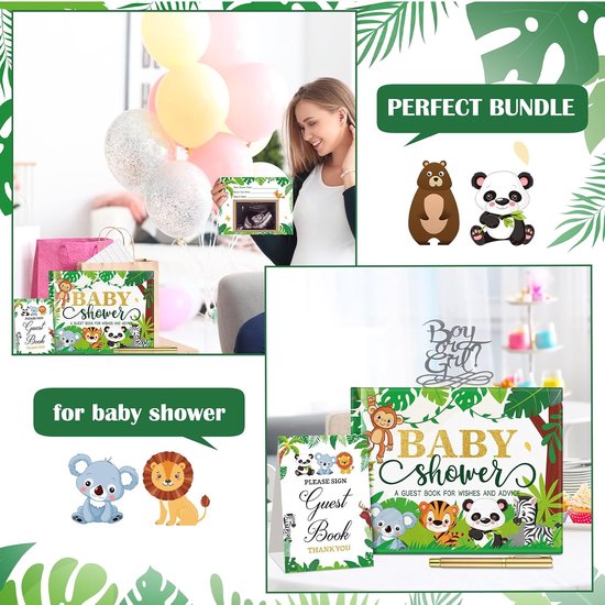27 stuks jungle safari babyshower gastenboek set babyshower login gast bos babyshower boek plaats tafelkaarten met gouden pen zelfklevende fotohoek voor verjaardag babyshower, 100 pagina's — afbeelding 2