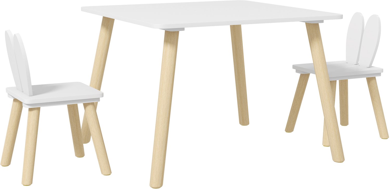 Kindertafel en 2 stoelen in Scandinavisch design met konijnenoortjesmotief- gemaakt van wit grenenhout.