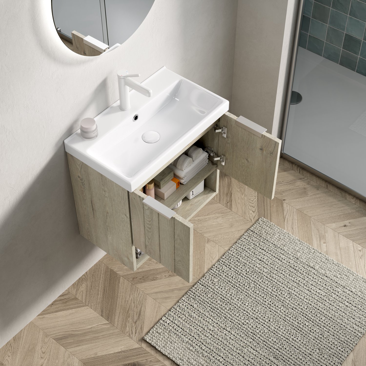 Wandhangend Badmeubel Met Witte Keramische Wastafel - Twee Deuren En Open Vak - Voor Kleine Badkamers - 55 Cm - Crèmekleurige Eikenlook