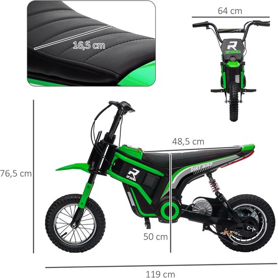 Afmetingen van de groene elektrische kinder-dirtbike.