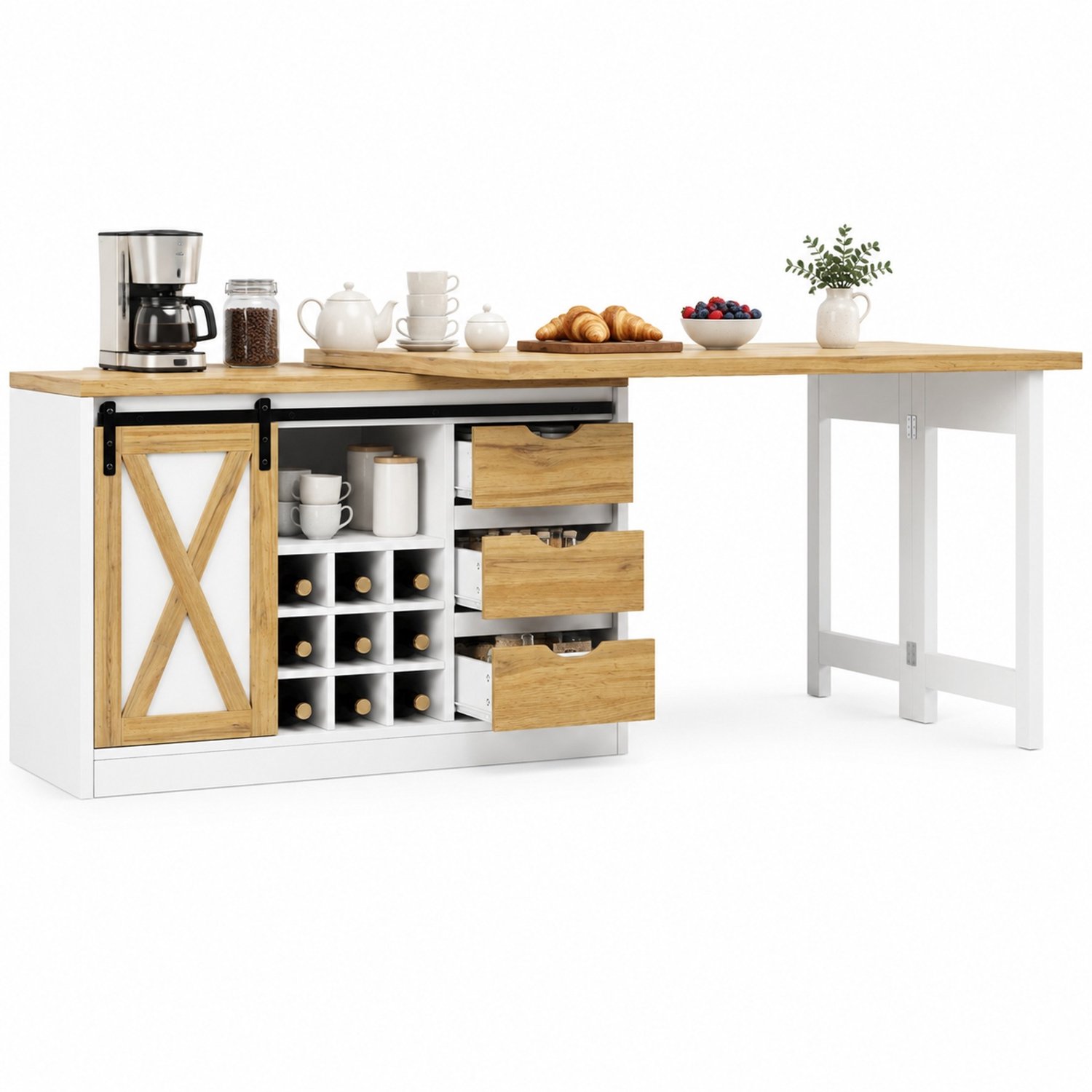 FloraGrace Keukenkast - Uitbreidbaar Keukeneiland Met Eettafel - Opbergruimte Voor Keuken - MDF - 120-197x40x72 Cm - Wit