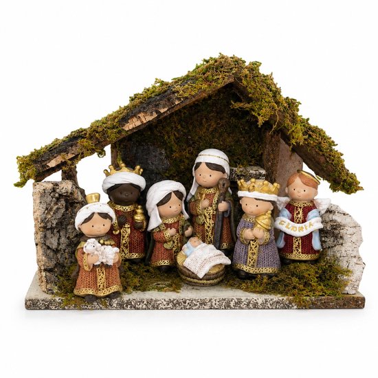 Complete kerststal - voor kinderen - met 8 beeldjes - 24 x 14 x 17 cm - kerstdecoratie