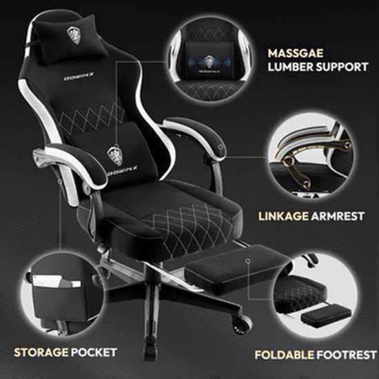 Ergonomische Gamingstoel – Bureaustoel – Computerstoel – Office Chair – Zwarte Racingstoel – Verstelbare Lendensteun – Voetsteun Met Veerkussen — afbeelding 3