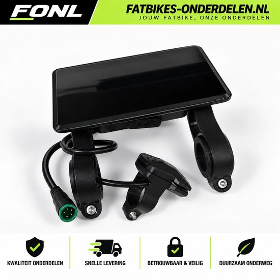 Zwart H6C LCD-display voor fatbike met 5-pins aansluiting en stuurmontage.