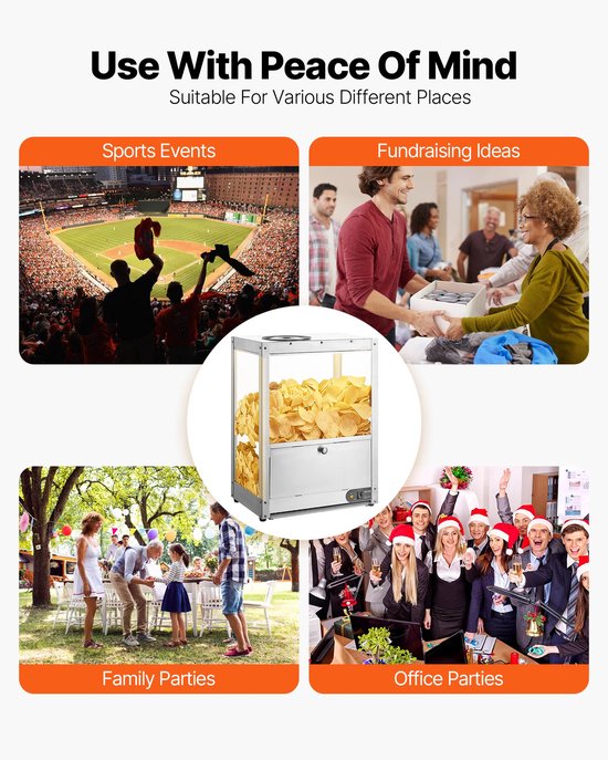 VEVOR Commerciële Nacho Machine 80 L, Elektrische Chip Warmer 300 W met Verwarmingsplaat, Warmtelamp & Deflectorplaat, Roestvrijstalen Nacho Chip Warmer voor Popcorn, Aardappelchips en Pindachips — afbeelding 5