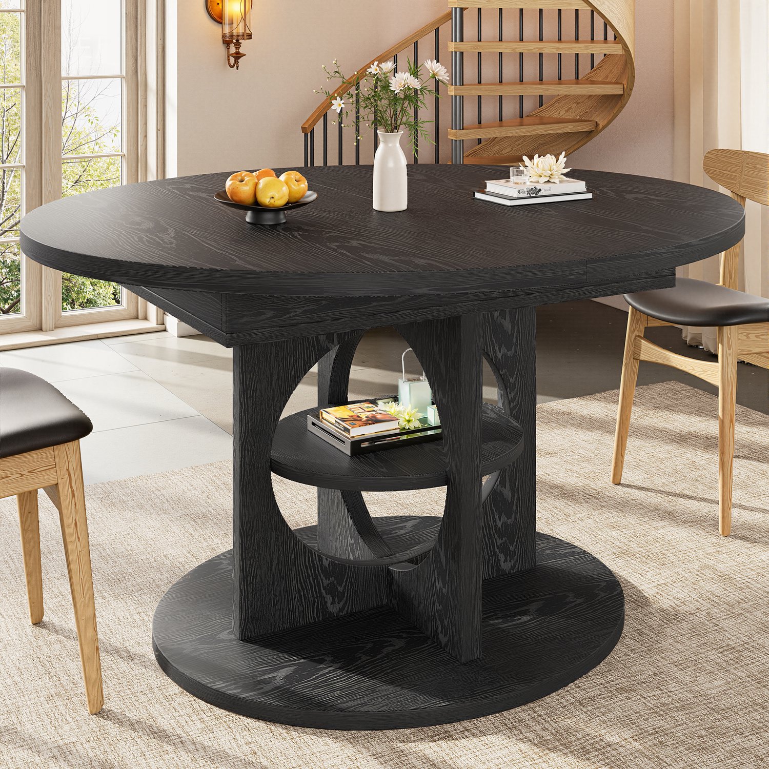 Clruro Eettafel - 110–150×110×76 cm - Uitschuifbaar - Rond tot Ovaal - Opbergvak - MDF Zwart