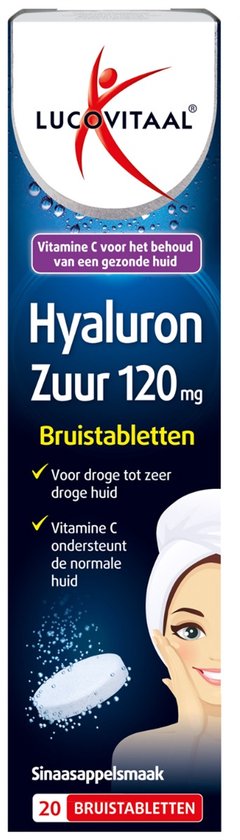 Verpakking van Lucovitaal Hyaluronzuur bruistabletten met vitamine C voor de huid. Sinaasappelsmaak.