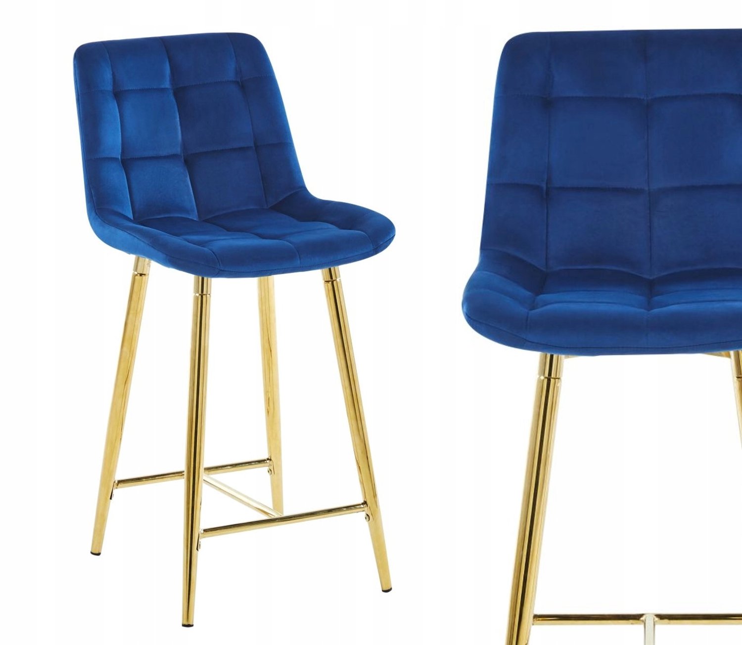 Furnitex Blauwe fluwelen hocker met goudkleurig metalen frame - 77 cm hoog