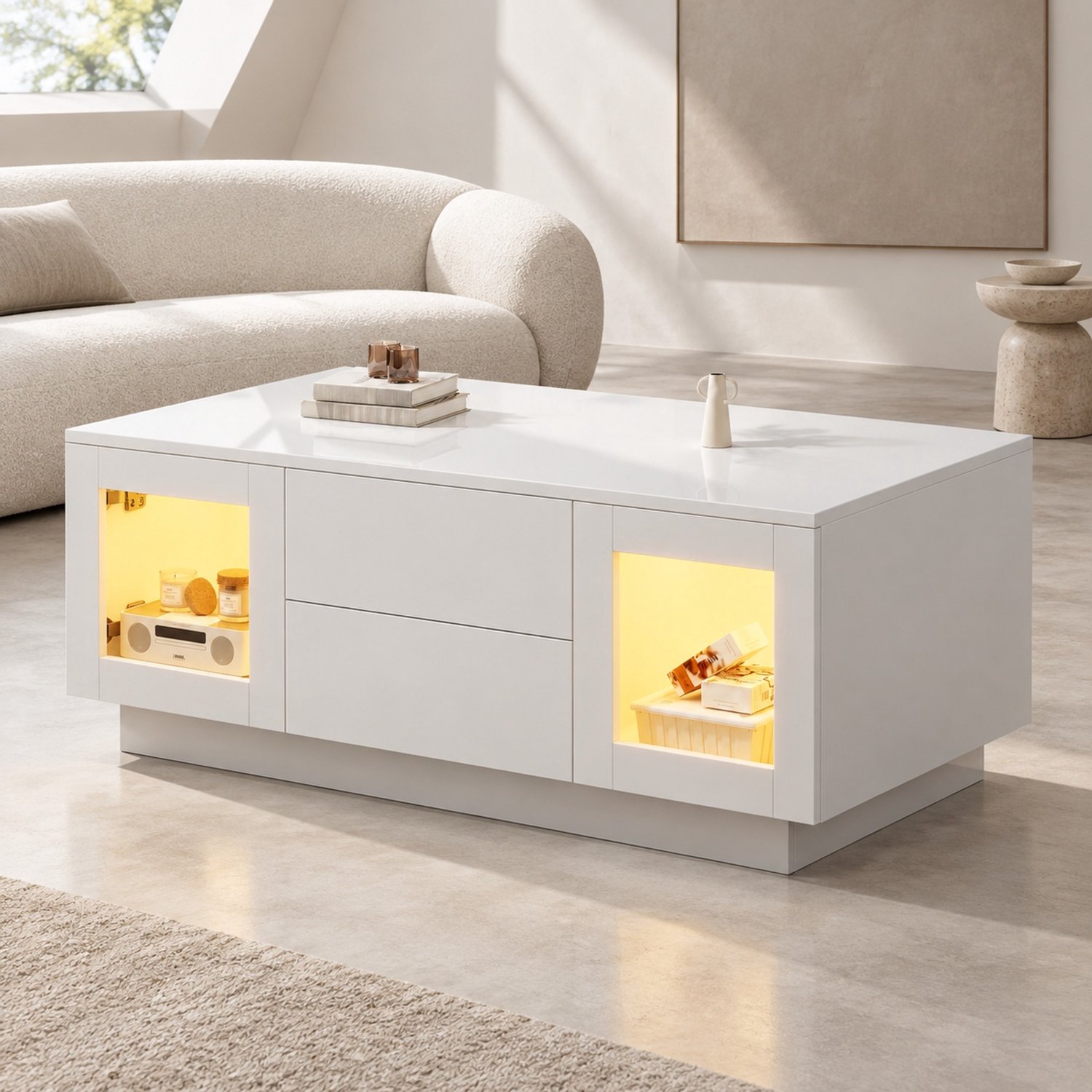 HAUSS SPOLE Salontafel - Witte Hoogglans Met Ledverlichting En Appbediening - 2 Lades En 2 Kastjes - MDF - 100x50x40 Cm