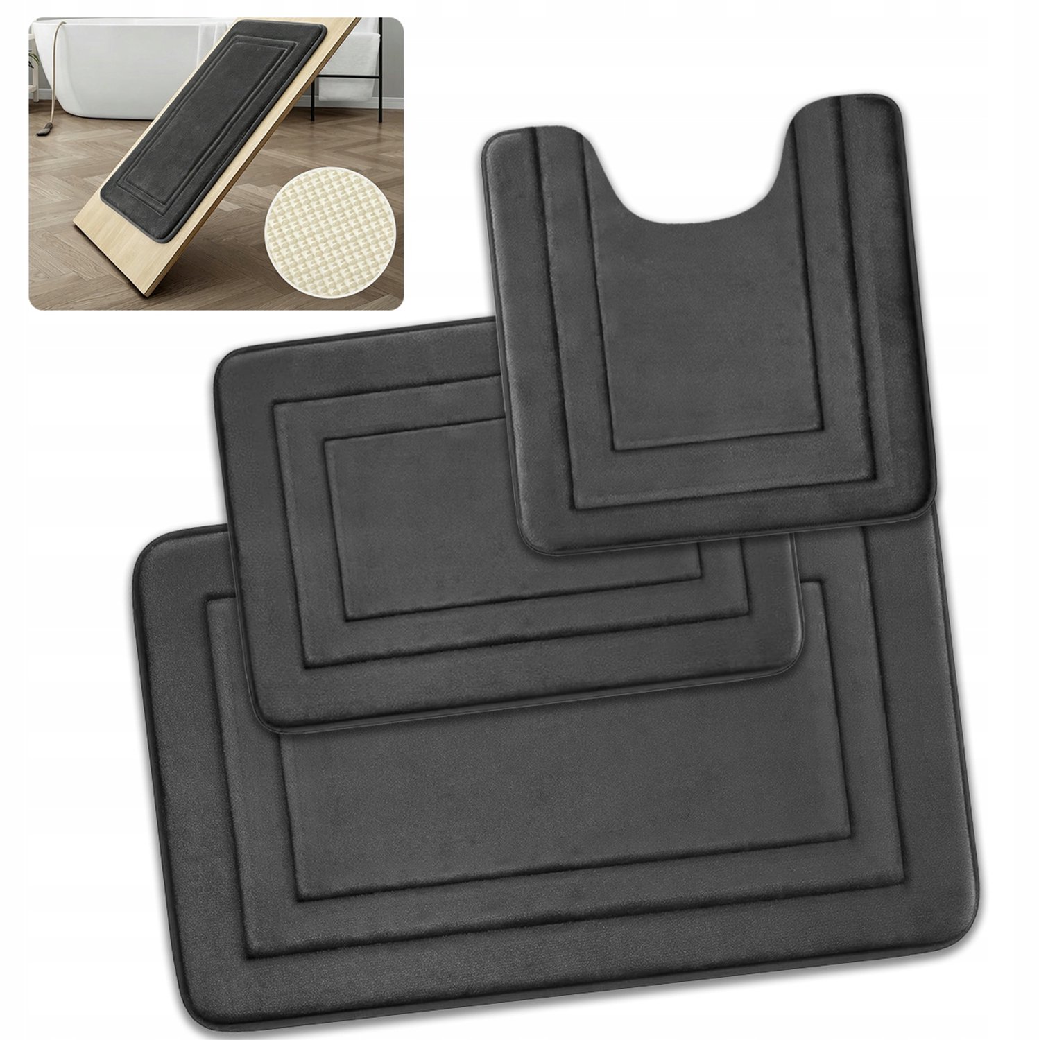 3-delige Antislip Badkamermat Set - Zacht & Absorberend - Donkergrijs