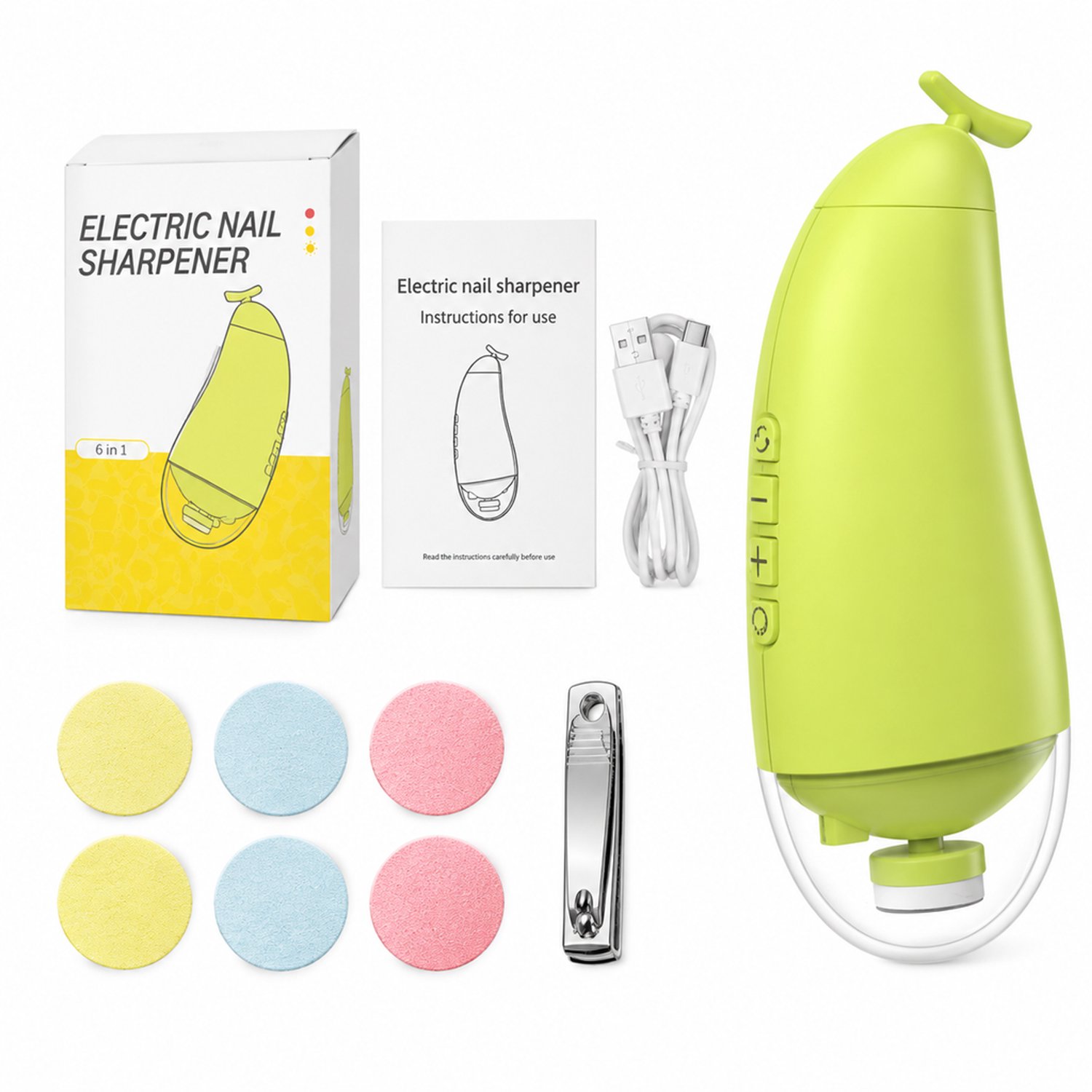 Elektrische nagelknipper - vervangbare slijpkopstickers - met nachtverlichting - inclusief nagelknipper - Engelstalige verpakking