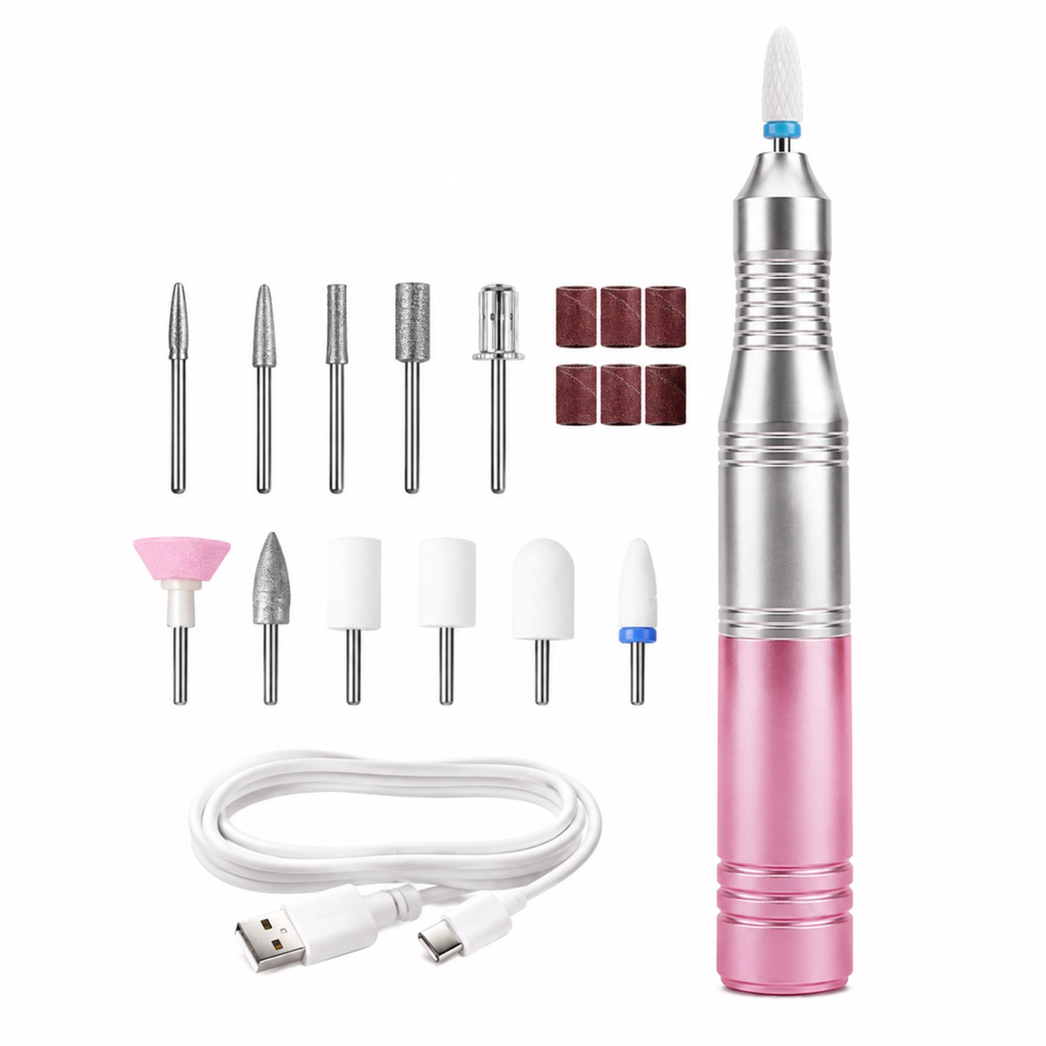 elektrische nageltrimmer - 5 snelheden - Type-C opladen - roze - met 6 slijpkoppen