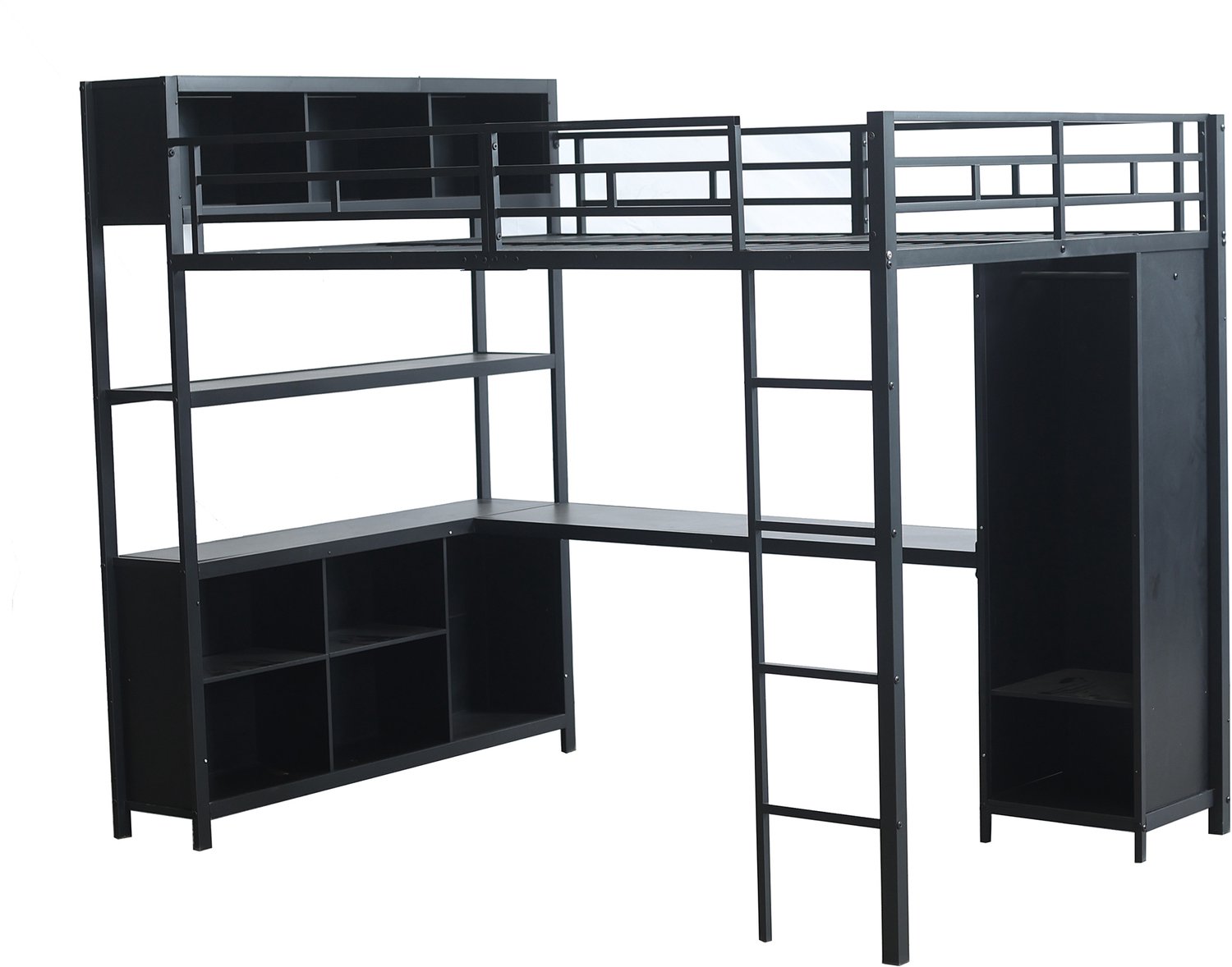 WUVRIE Hoogslaper 140x200 cm - Met bureau, kledingkast en opbergruimte - Zwart