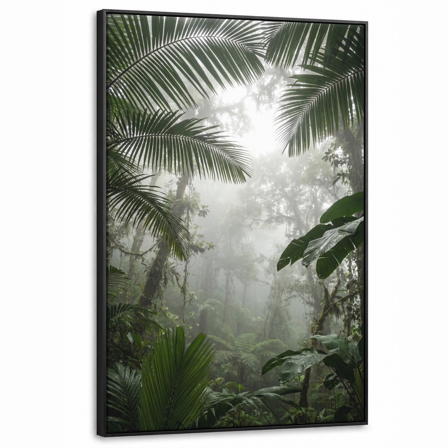 Canvas Schilderij met Baklijst - Natuur - Jungle - Mist - Groen - Bladeren