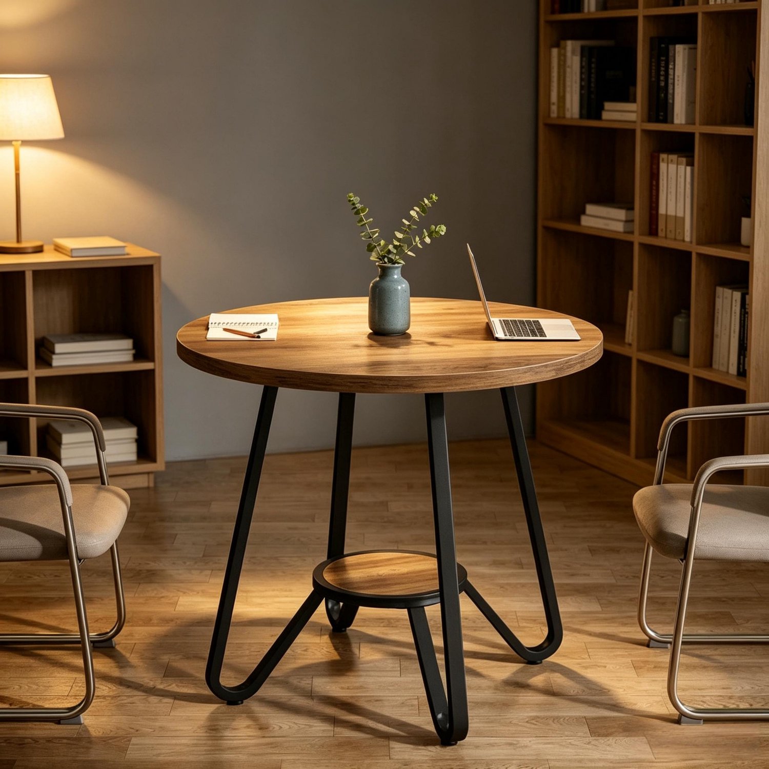 MODENUIT Eettafel - Rond Met Onderblad - Voor Eetkamer en Vergaderruimte - Hout en Metaal - 80x80x75 Cm Zwart en bruin