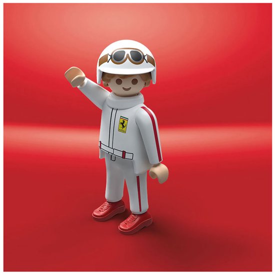 Playmobil Ferrari-coureurfiguur in wit racepak met rood Ferrari-embleem, witte helm en bruine bril.