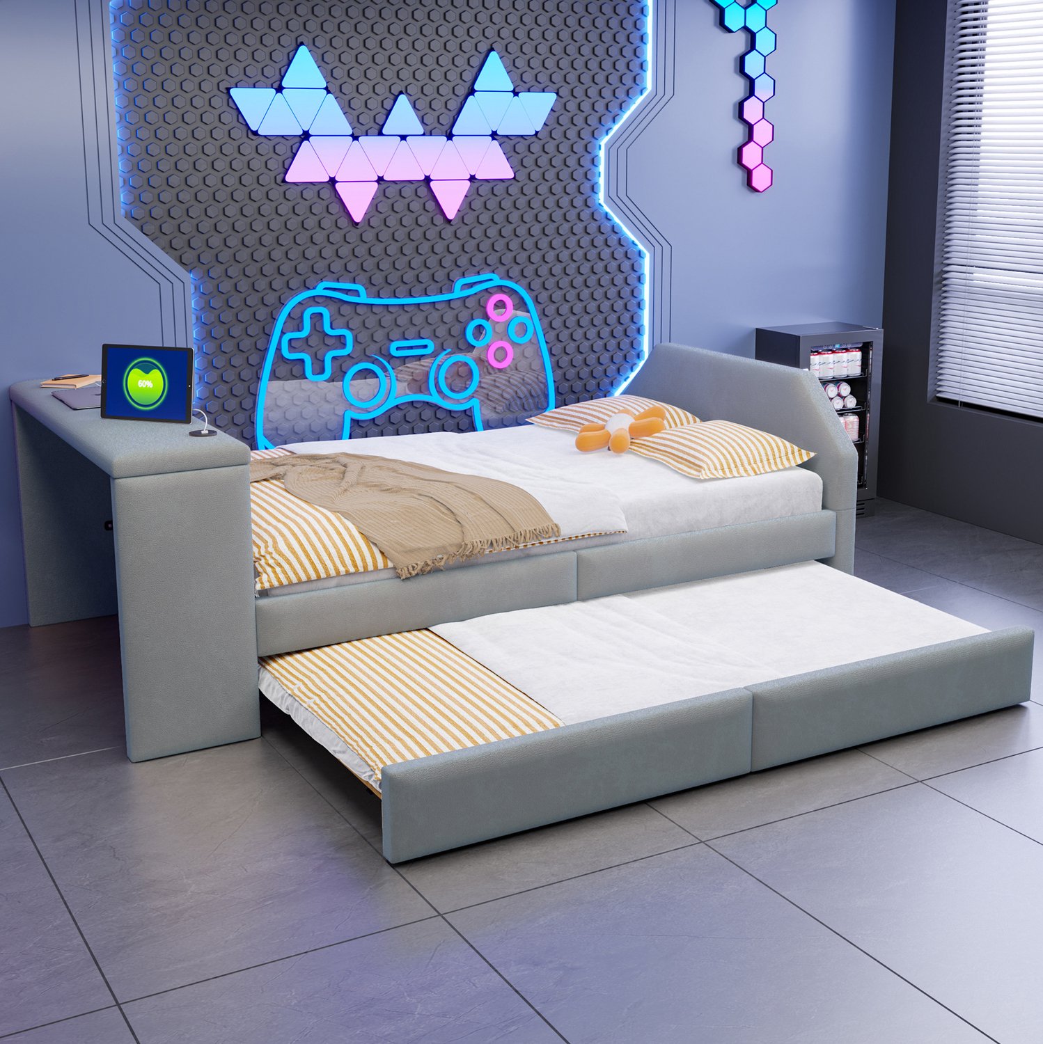 OKWISH Gestoffeerd Kinderbed 90x200 cm - Met Bureau en Oplaadaansluiting - Uitschuifbaar Logeerbed - Fluweelachtige Stof - Zonder Matras - Grijs