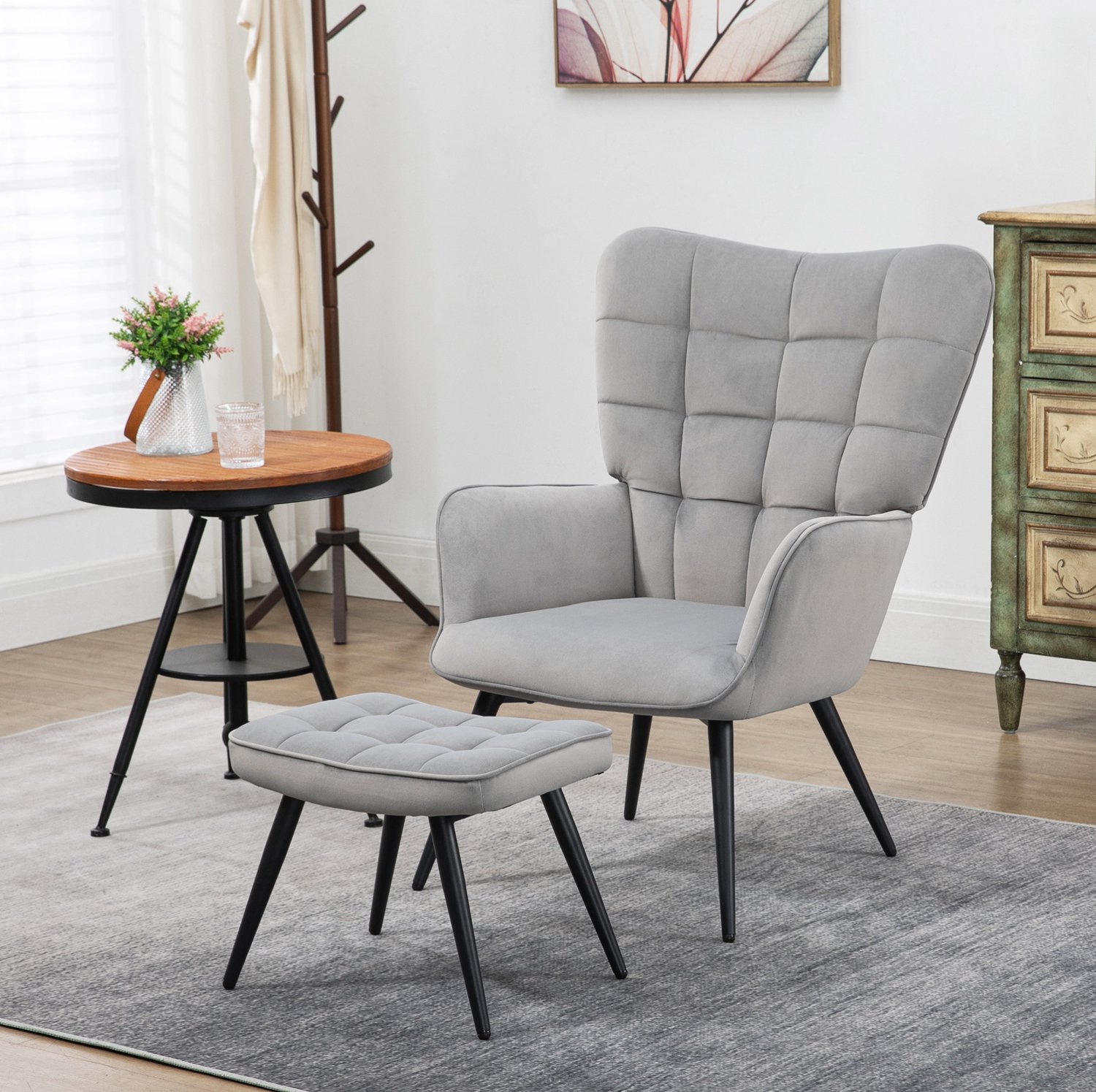 MIVRAY Fauteuil met Hocker 73 x 77,5 x 98 cm - Zachte Bekleding met Fluweeluitstraling - Voor Woonkamer en Kantoor - Staal - Lichtgrijs