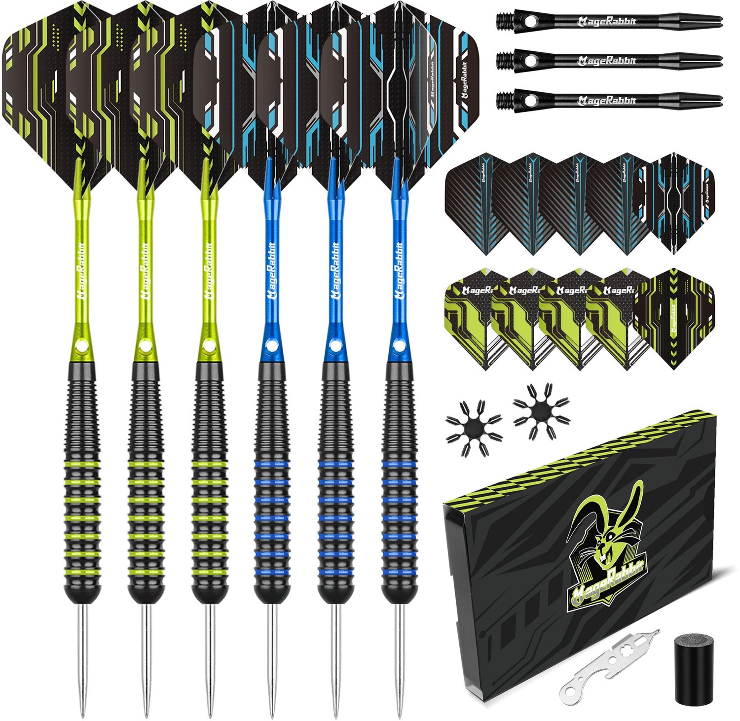 Steel Tip Dart Set - 6 Darts met 9 Schachten en 12 Flights - Groen en Blauw