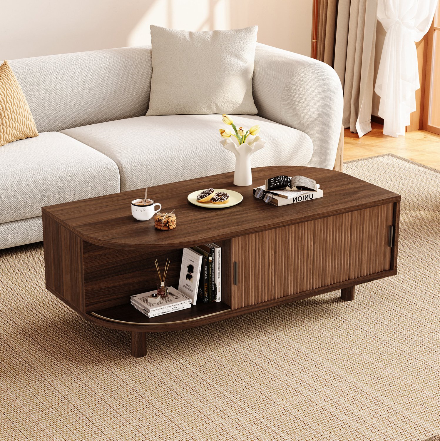 CHICFURN Salontafel 100 cm - Opbergruimte - 2 roldeuren - Walnootkleur