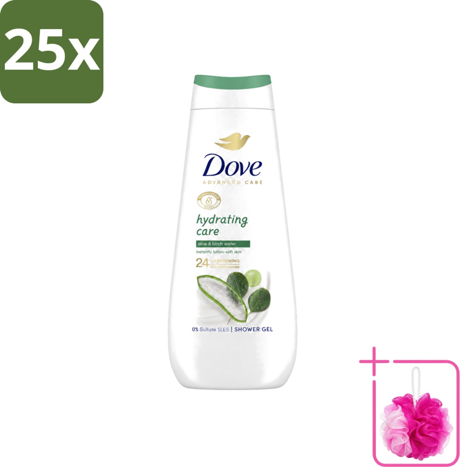 25 x Dove Douchecrème - Hydrating Care - Aloe Vera - 400 ml - Bulkverpakking - Douchecrème - Douchemop - Hydraterende douchegel