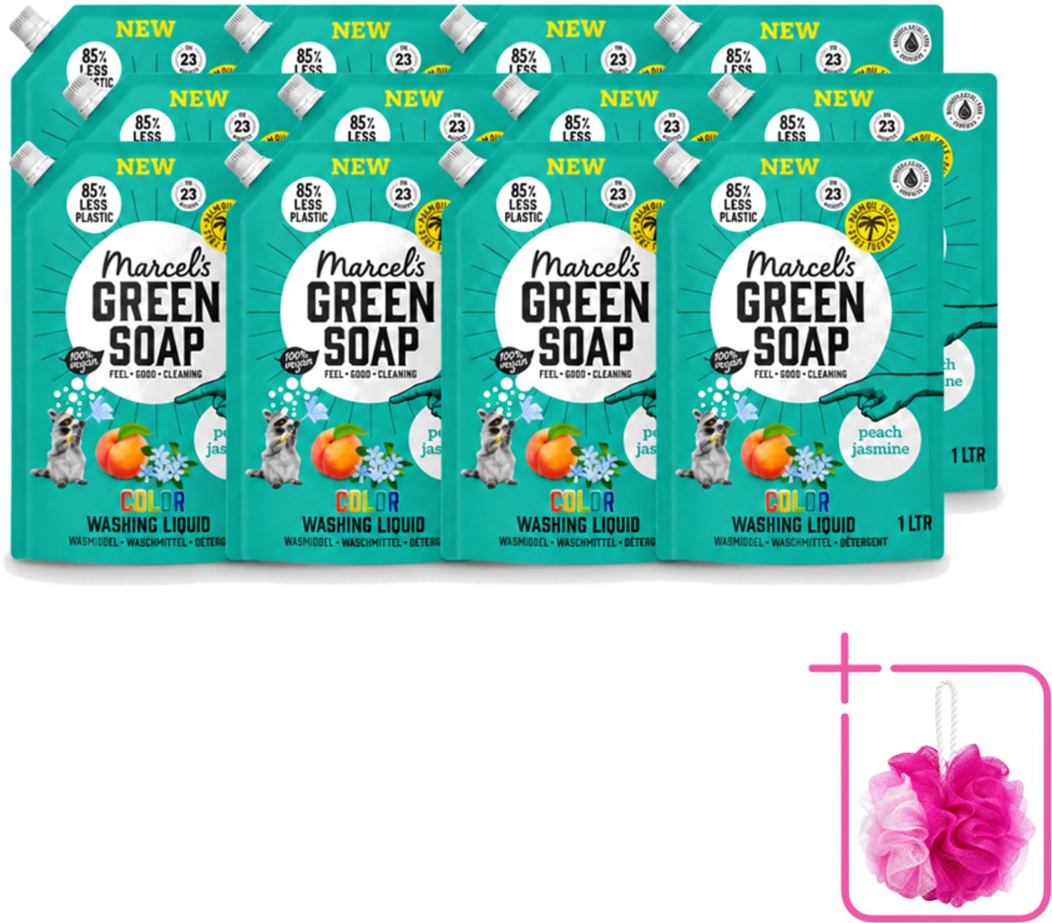 12 x Marcel's Green Soap - Vloeibaar Wasmiddel - Kleur - Navulling - Perzik & Jasmijn - Effectief & natuurlijk - 23 Wasbeurten - 1 liter - Bulkverpakking - Wasmiddel - Douchemop - Natuurlijk wasmiddel