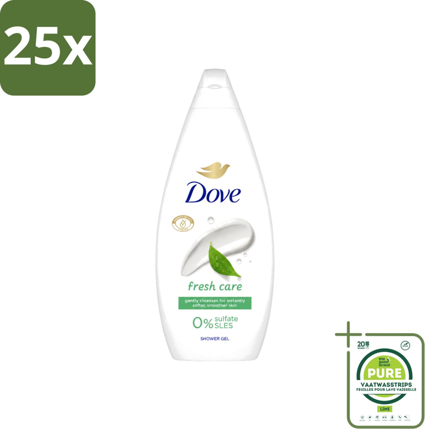 25 x Dove Douchecrème - Fresh Care - 720 ml - Grootverpakking - Vaatwasstrips - Douchecrème - Huid Verzorging - Droge Huid - Hydratatie - Zachte Huid