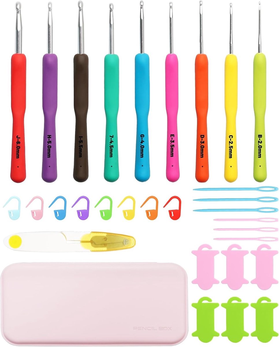 Haaknaalden set met opbergdoos, 9 stuks (0.3 - 0.5 cm) – ergonomische haaknaalden met zachte grip, ideaal voor beginners en hobbyisten, inclusief haakaccessoires