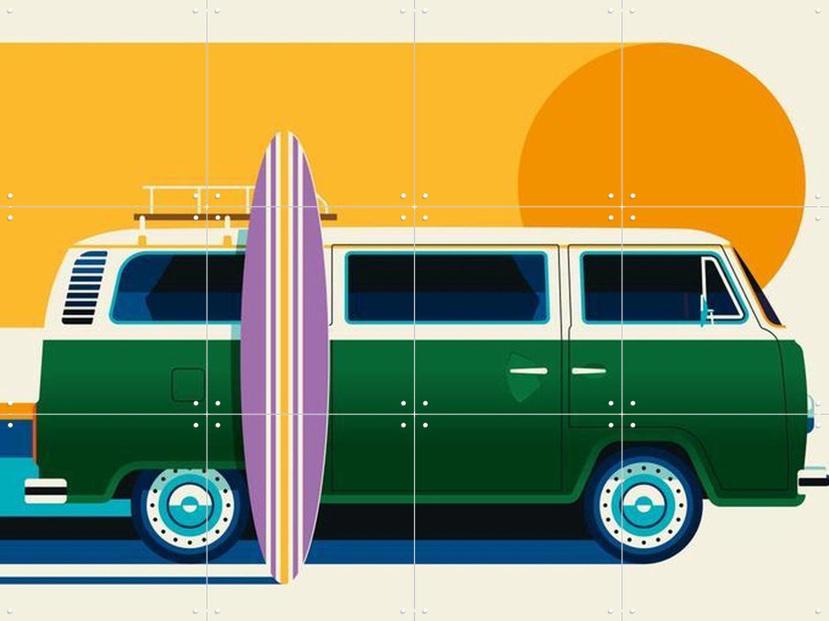 IXXI Vintage Camping Bus, Bo Lundberg - 80 x 60 cm - Gratis ophangtool - Grote wanddecoratie en posters - Kleurrijk, Grafisch Ontwerp, Vintage, Pop