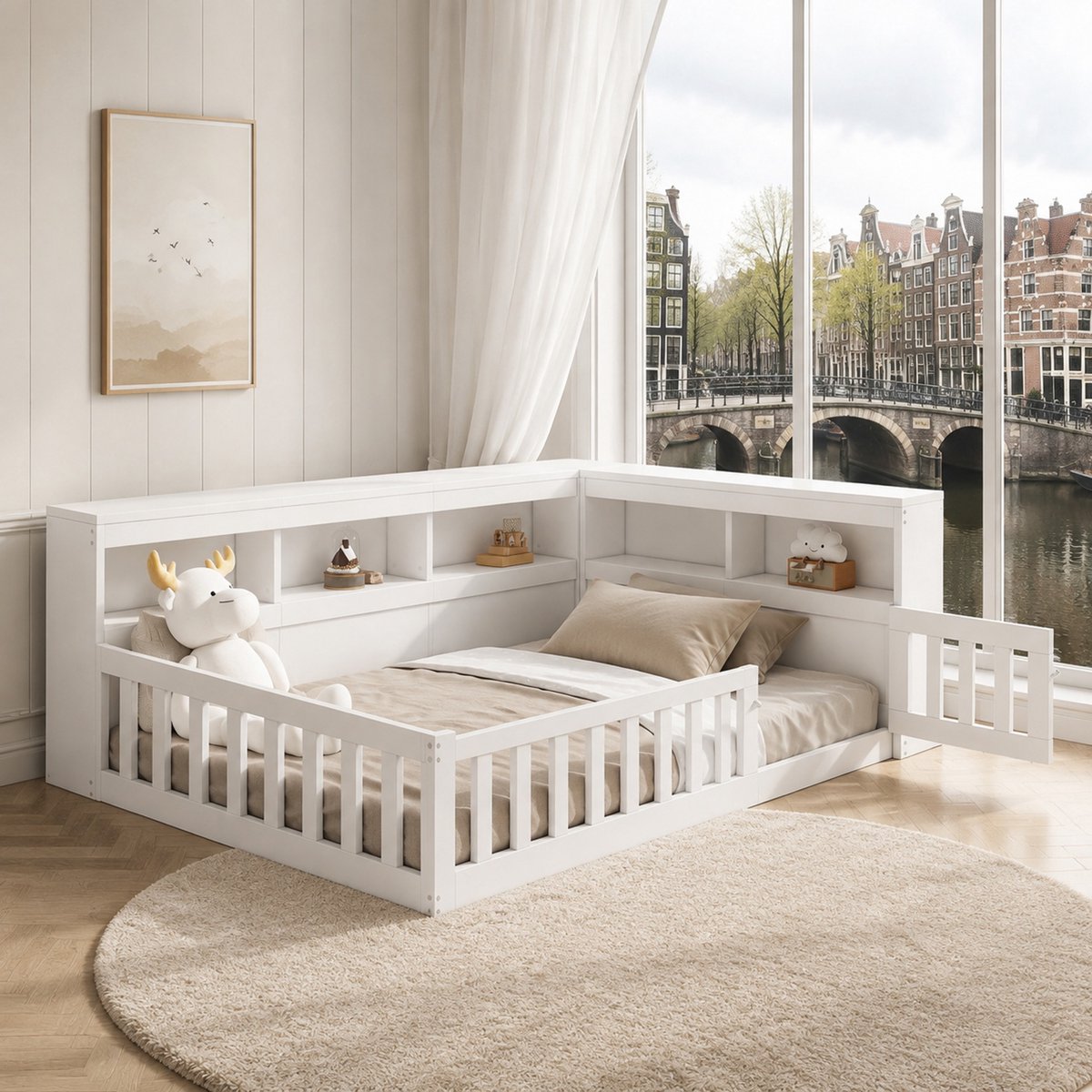 WUVRIE Daybett 90x200cm - Bedbank met uitklapbare borstwering, staufak, stopcontact & USB, wit, spaanplaat & MDF