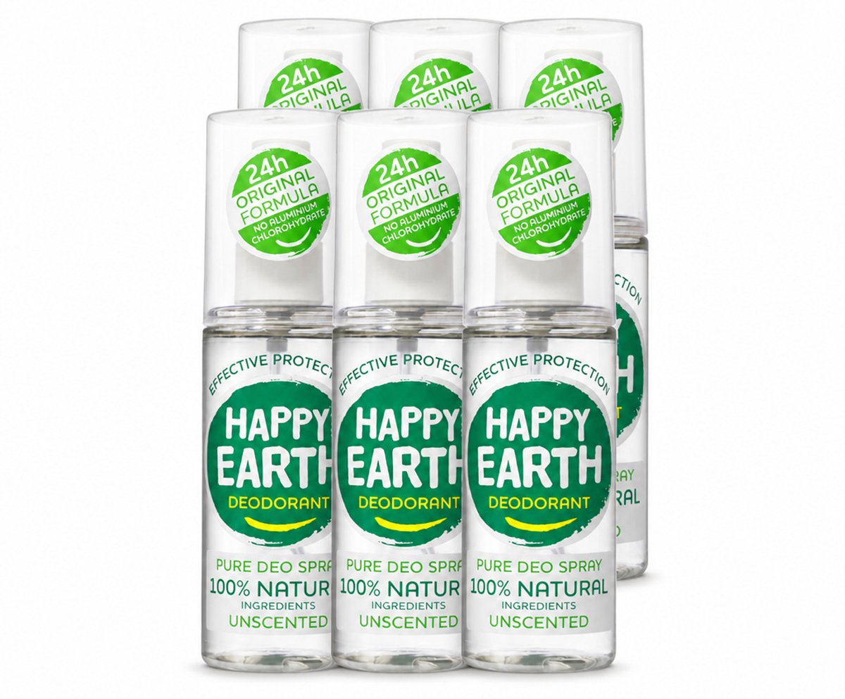 6 x Happy Earth – Deodorant Spray – 100% Natuurlijk Unscented – 100 ml - Voordeelverpakking - 6 stuks