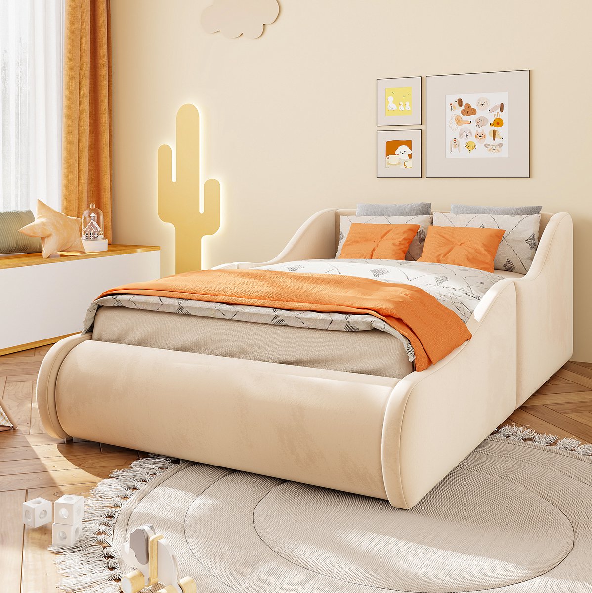 Kinderbed 90x200cm Met Hohog Hoofdeinde En Zijbescherming Zonder Matras Comfortabel Samtbed Voor Kinderkamer En Tienerhoek Beige