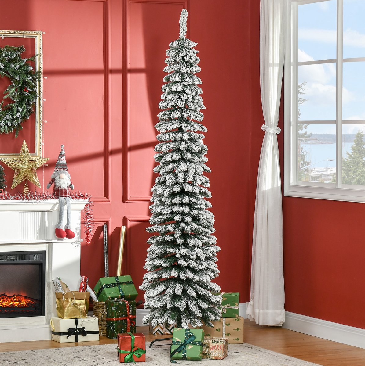 Kunstkerstboom Met Sneeuweffect – Smal Ontwerp – 210 Cm – Kunststof – Groen/Wit – Natuurlijk Uiterlijk Voor Woonkamer En Feestelijke Inrichting