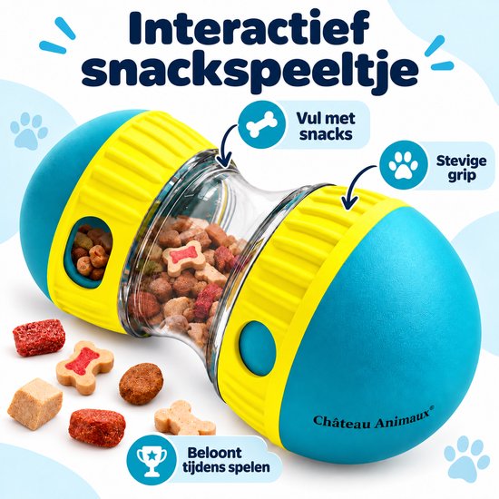 Blauwe en gele snackbal, gevuld met hondenvoer. Met icoontjes 'Vul met snacks' en 'Stevige grip'.
