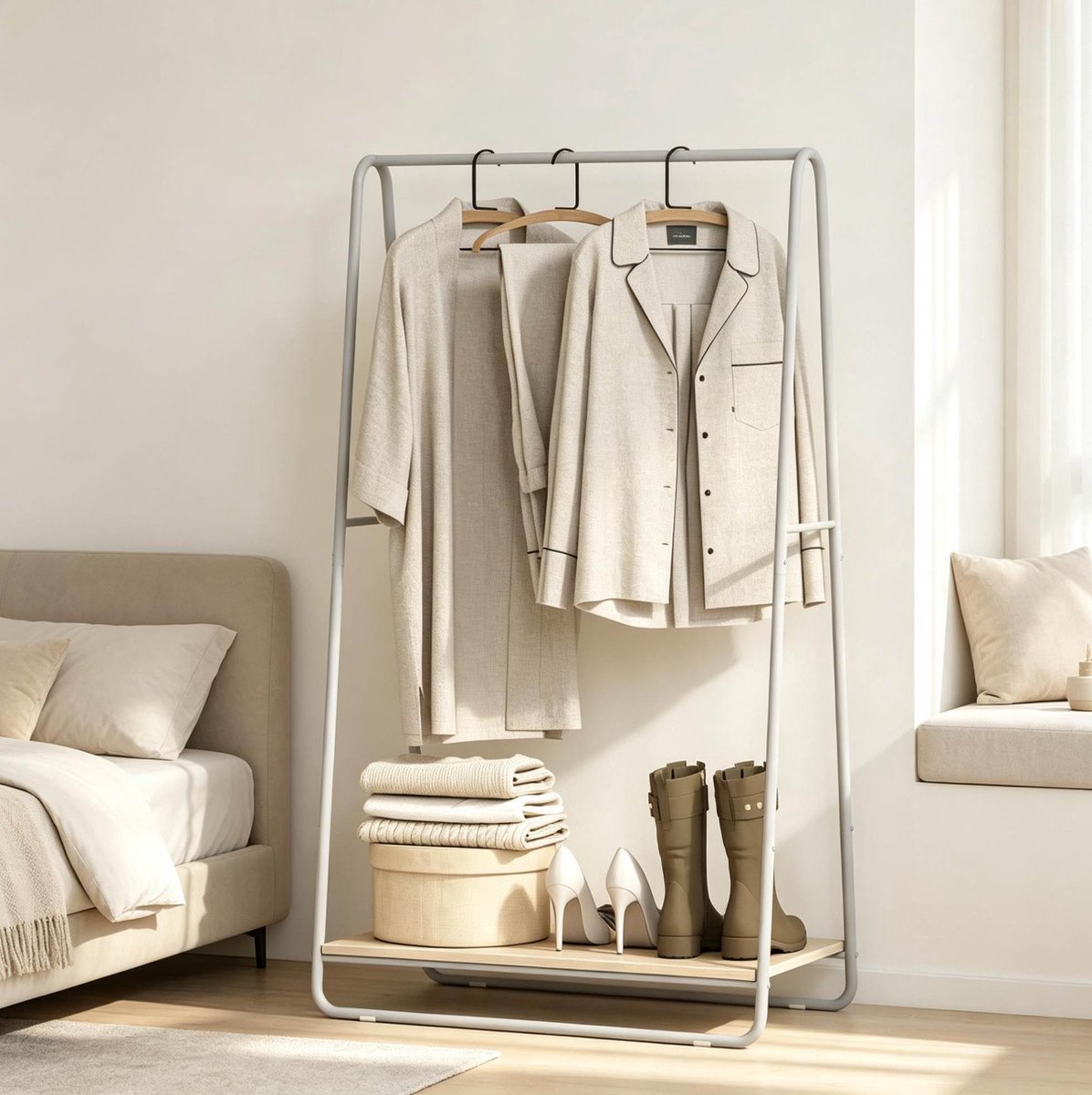 REDOM - Kledingrek - 3-in-1 met bovenste en zijstangen - Met schoenenrek - Moderne stijl - Hal of slaapkamer - Metaal en spaanplaat - Grijs, houtkleurig - 80 x 44 x 140 cm