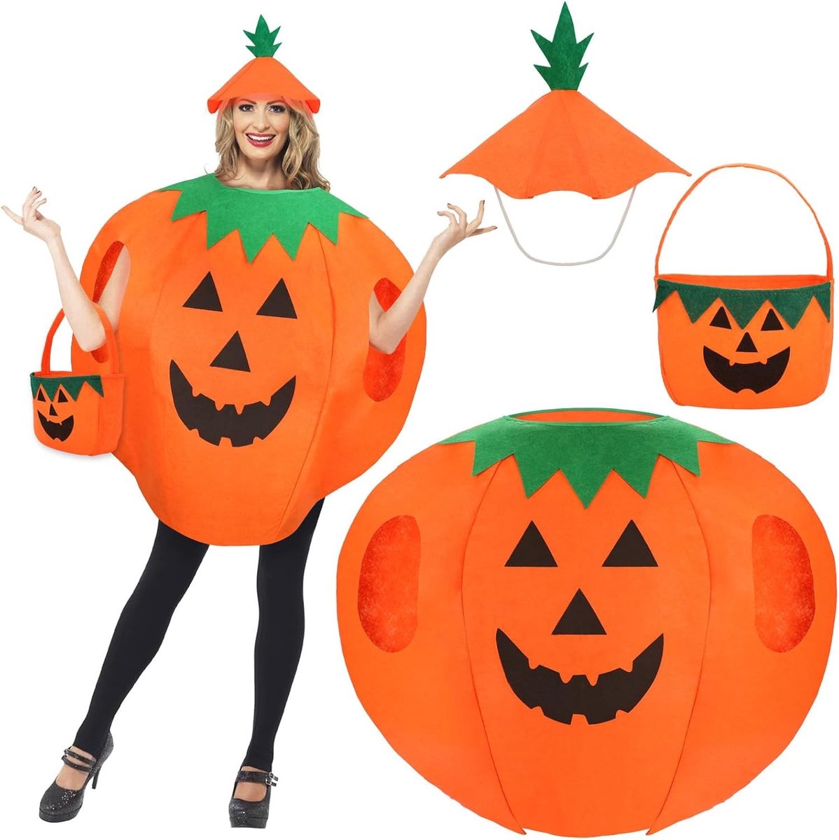 Leuke Pompoen Kostuum voor Volwassenen met Hoed en Tas - Grappig Halloween Kostuum voor Mannen en Vrouwen, Perfect voor Feestjes en Themapartijen
