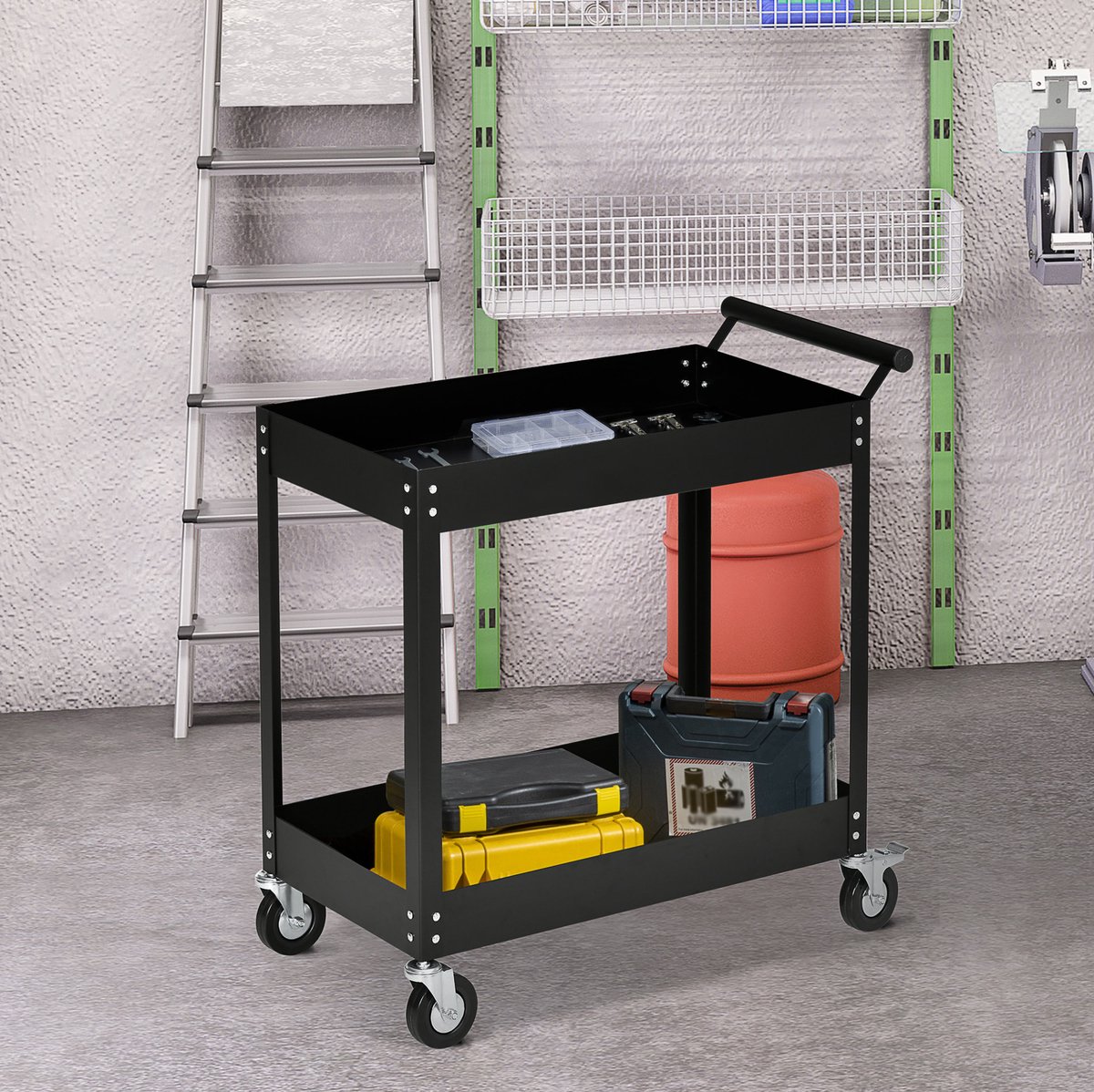 MODFU-Werkplaatswagen-2 Etages-Zijgreep-4 Rollen-Staal-Zwart-84,5 X 38 X 84 Cm