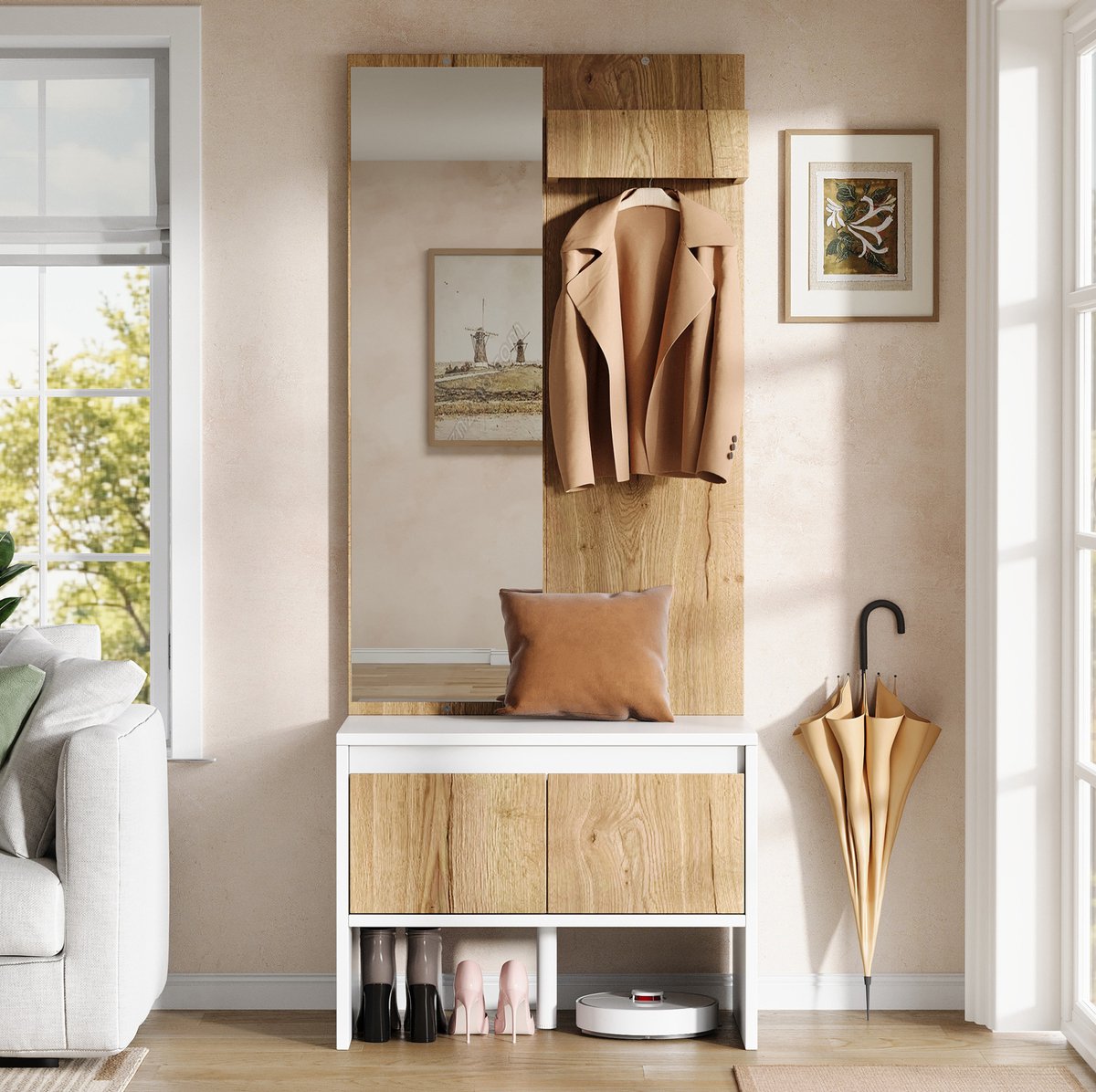 Garderobeset met Kledingrek, Spiegel, Schoenenbank en 2 Lades voor Hal, Spaanplaat, 60 x 38 x 145 cm, Wit en Naturel