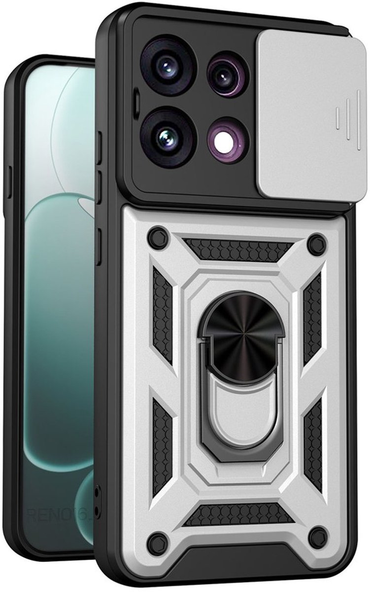 MobyDefend Hoesje - Geschikt voor Oppo Reno16 F/FS - Pantsercase Met Draaibare Ring - Zilvergrijs