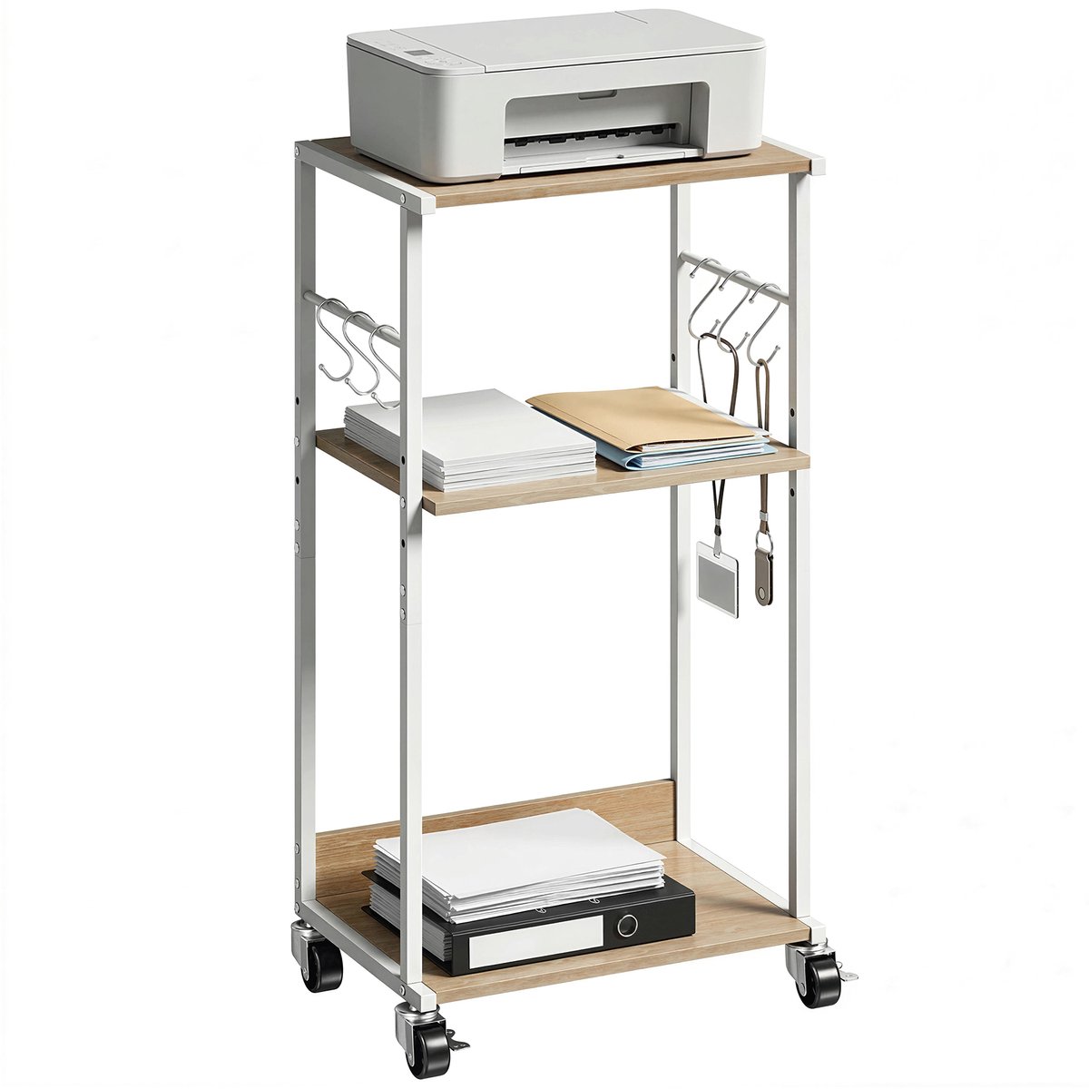 3-laags printerstandaard met wielen en haken - 3 ruime planken - makkelijk verplaatsbaar - handige haken voor accessoires - modern design - natuurlijke afwerking