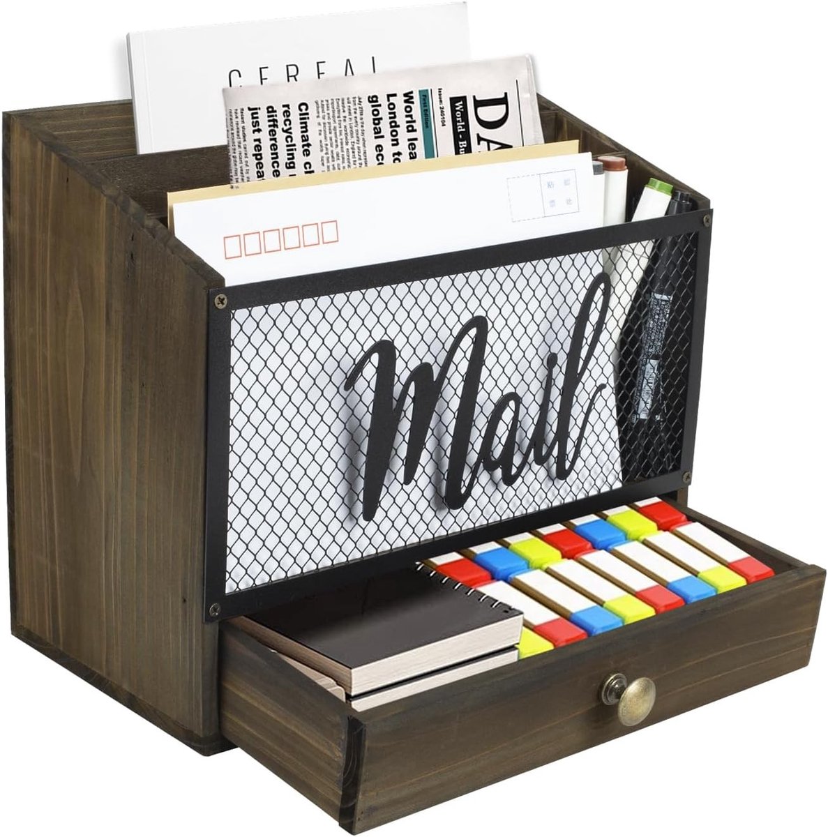 Houten bureau-e-mailorganizer - Bruin - Bureau-organizer met 3 vakken en lade - Voor Kantoor en School