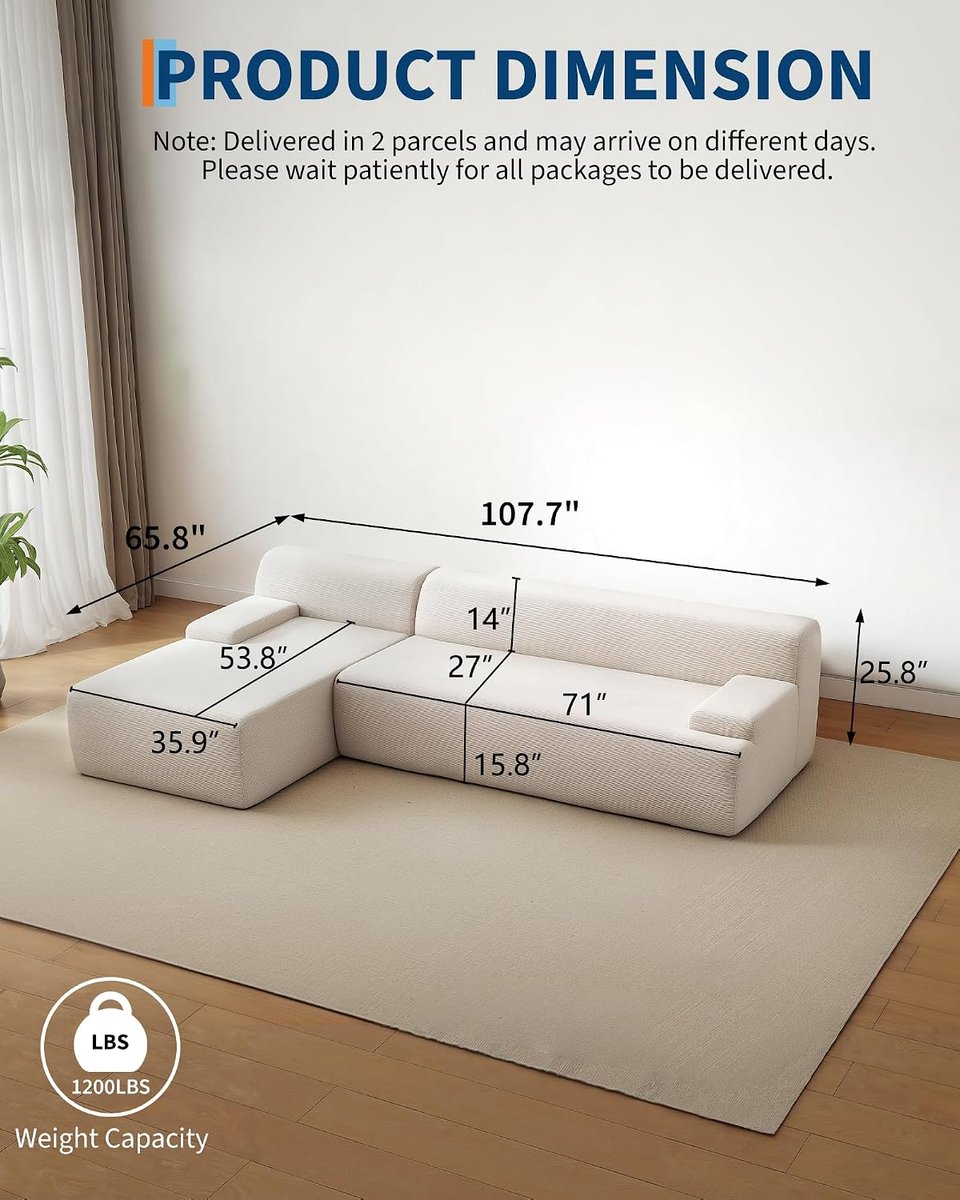 Triumpunre Modulaire hoekbank, L-vormige chaise longue links,diepe zitting,moderne hoekbank voor de woonkamer,5 mm ribfluwelen stof, beige
