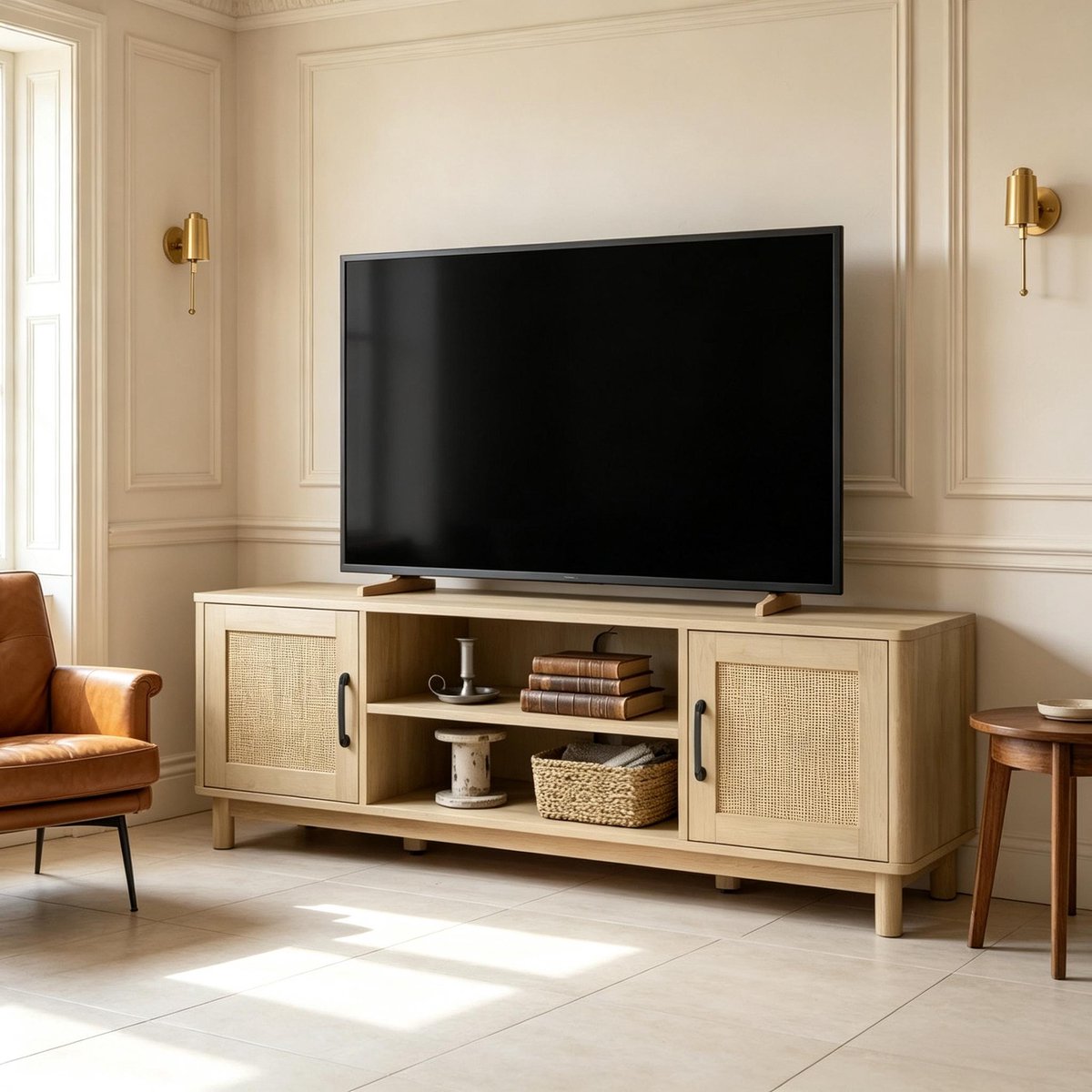 HAUSS SPOLE Televisiemeubel - Rietlook Met Open Vak En Dubbele Deuren - Voor Woonkamer En Tv Tot 65 Inch - Spaanplaat En Dennenhout - Eiken - 135 Cm