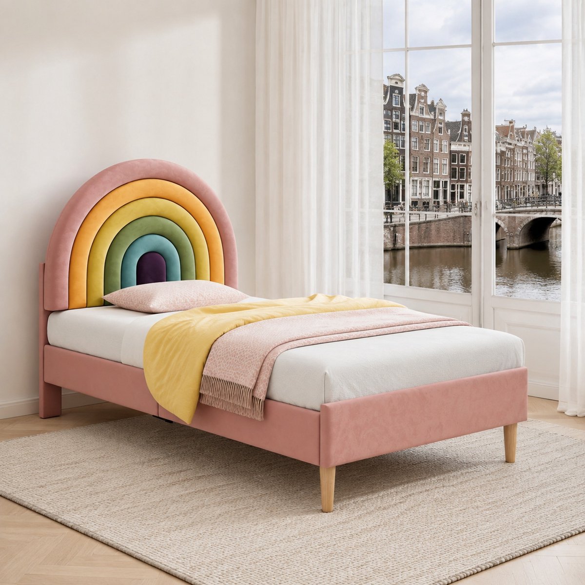 WUVRIE Polsterbett 90x200 cm, met lattenrost en verstellbaar hoofddeel, roze Samt, voor volwassenen & jongeren, eenvoudig te monteren Pink
