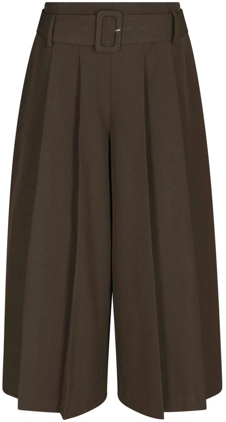 Donkerbruine culotte met ceintuur, plooien en wijde pijpen.