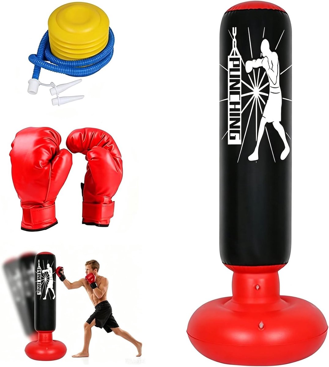 Opblaasbare Bokszak van 160 cm met Bokshandschoenen en Luchtpomp, Ideaal voor Kinderen van 3-12 Jaar, Perfect voor Karate, Taekwondo en MMA Training