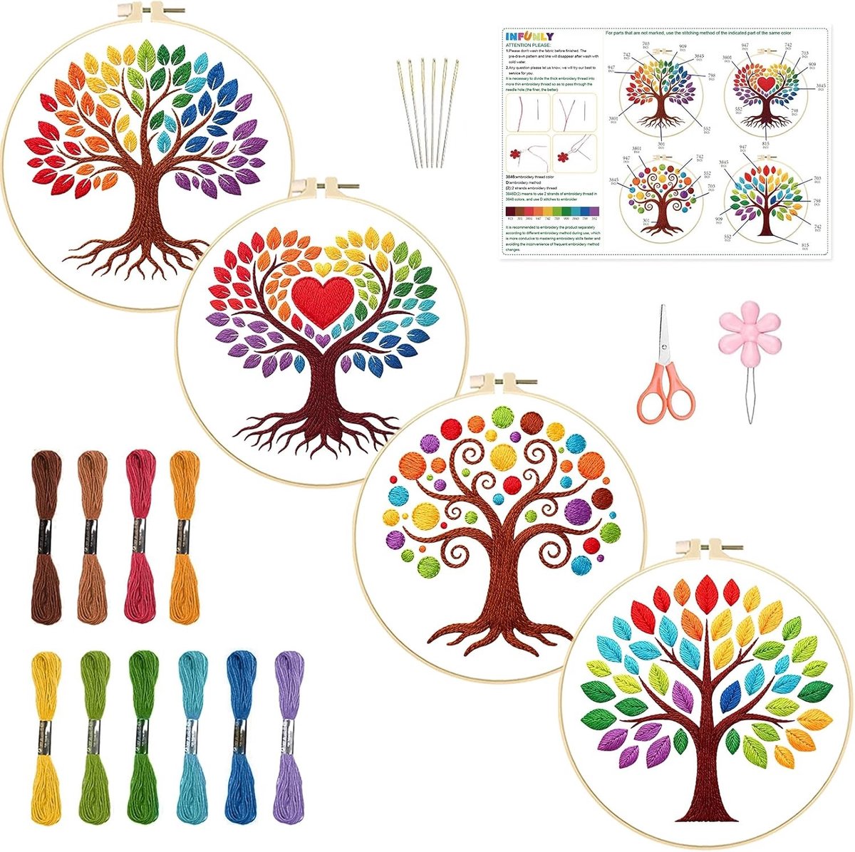 4 sets regenboog levensboom borduurkits voor volwassenen - kleurrijke DIY kruissteek starterkit met instructies, naaldpunt kits, borduurdoek en gekleurde draden voor creatief plezier