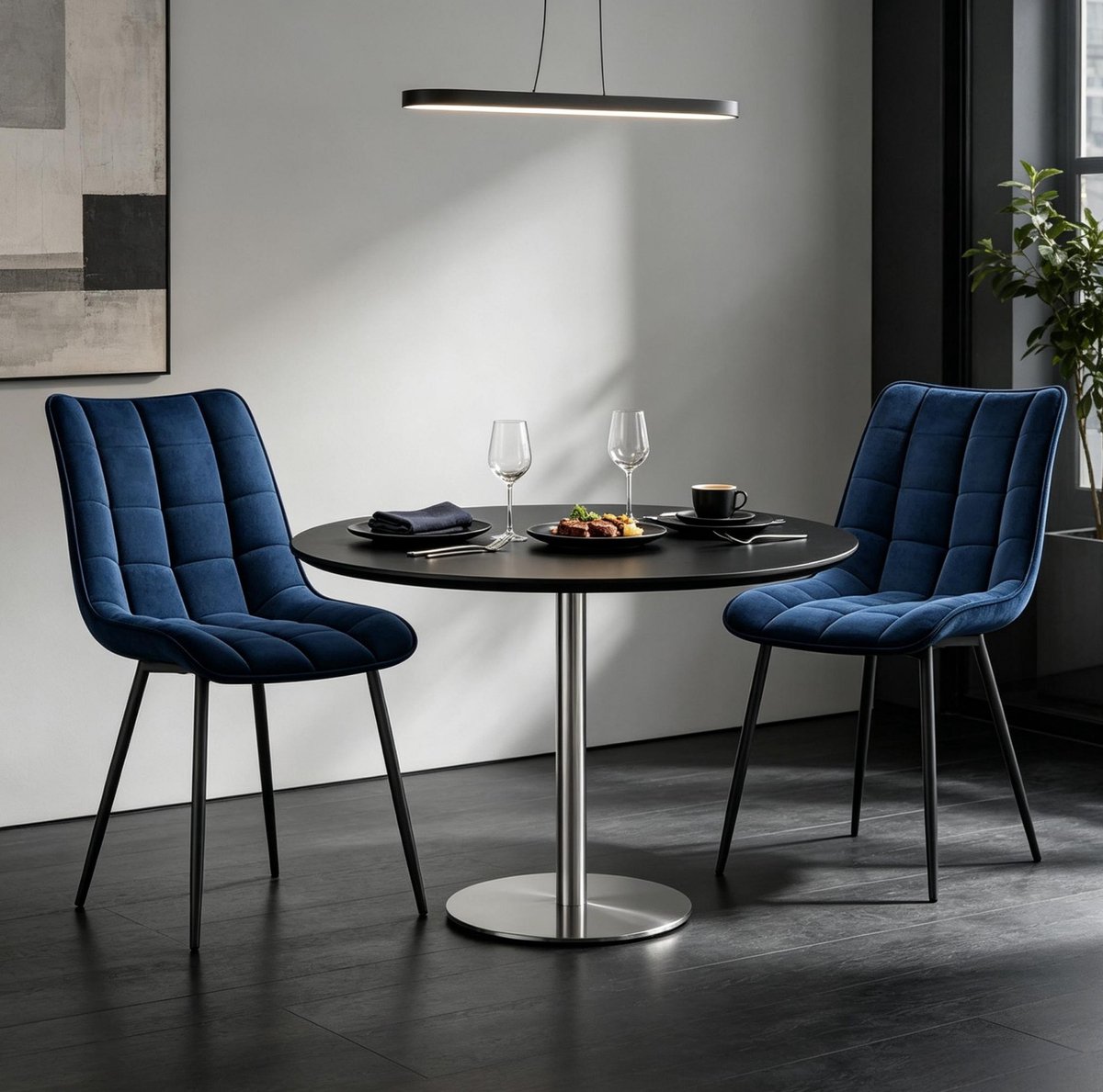 OKWISH Eetkamerstoel – Gepolsterde Velvet Stoel – Set Van 2 – Metalen Onderstel – Voor Eetkamer Of Kantoor – Blauw
